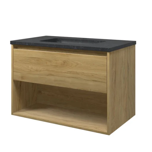 Sanibell Proline møbelpakke 80x46 cm, skuffe og åben hylde, stenvask, ideal eg