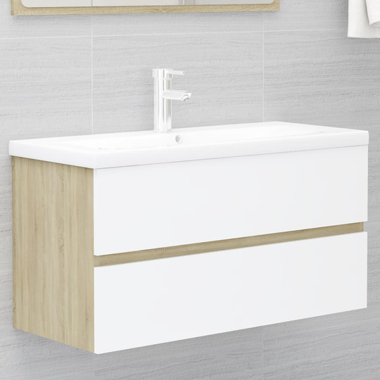 vidaXL vaskeskab 90x38,5x45 cm spånplade hvid og sonoma-eg