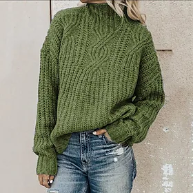 Dame Bluse bluse Trøje Strikket Helfarve Stilfuld Vintage Stil Afslappet Langærmet Løstsiddende Sweater Cardigans Rullekrave Efterår Vinter Blå Sort Grå / Chun