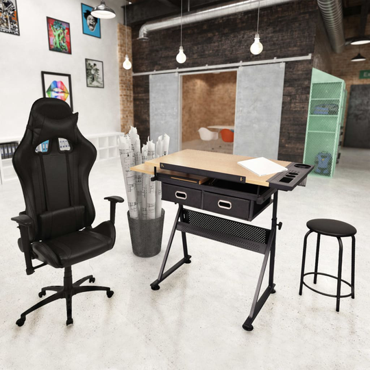 vidaXL tegnebord med vipbar bordplade og racer-kontorstol