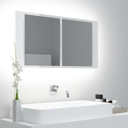 vidaXL badeværelsesskab m. spejl og LED-lys 90x12x45 cm hvid højglans