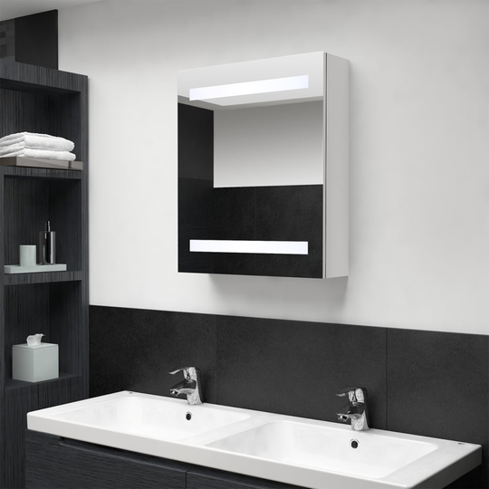vidaXL badeværelsesskab m. spejl + LED-lys 50x14x60 cm skinnende hvid