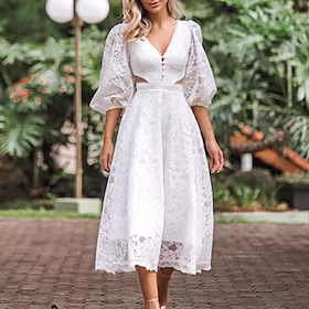 Dame Festkjole Blonde kjole Midikjole Hvid Blå Langærmet Ren farve Blonder Udhulet Knap Efterår Vinter V-hals Fest Stilfuld Elegant 2022 S M L XL