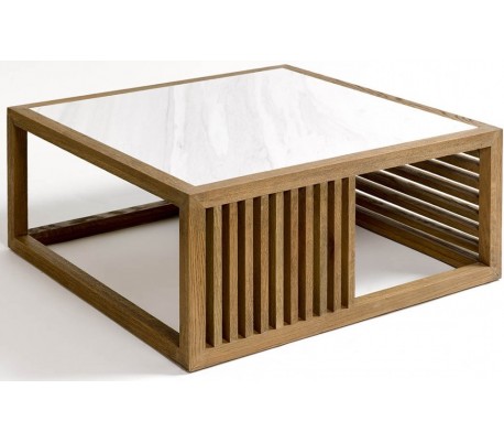Sofabord i egetræ og marmor 90 x 90 cm - Børstet eg/Hvid marmor