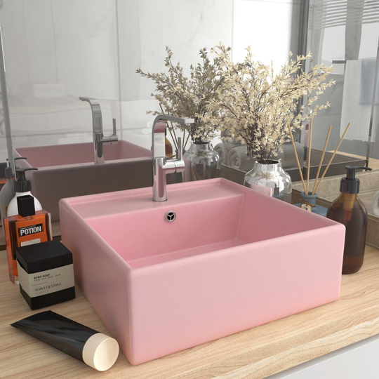 vidaXL luksuriøs håndvask overløb 41x41 cm keramik firkantet mat pink