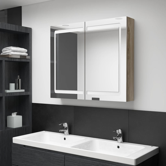 vidaXL badeværelsesskab m. spejl + LED-lys 80x12x68 cm eg