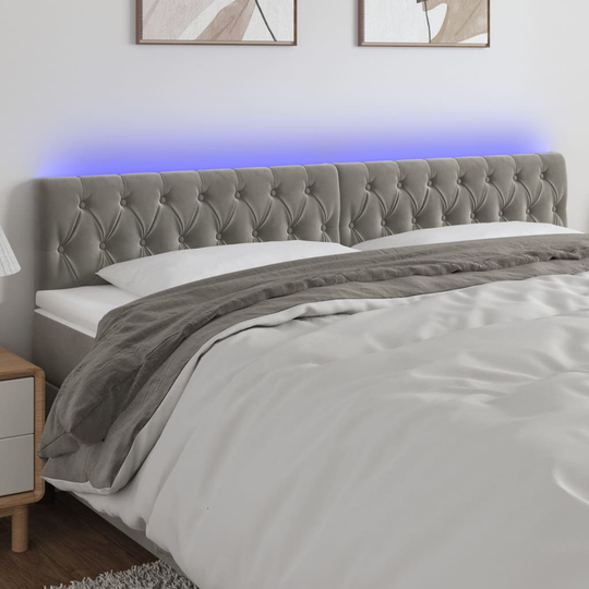 vidaXL sengegavl med LED-lys 200x7x78/88 cm velour lysegrå