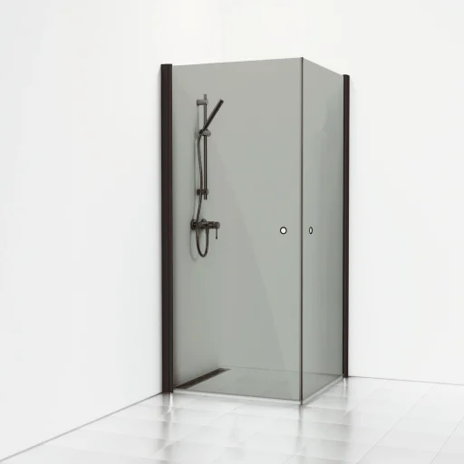 Svedbergs Skoga Brusehjørne 80 x 80 cm, røgfarvet glas/sort, m/hulgreb