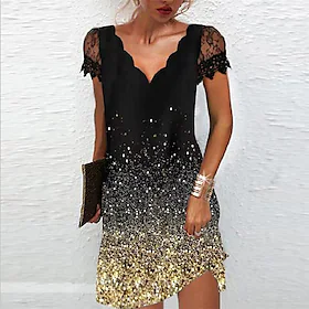 kvinders afslappede kjole skiftekjole minikjole guld korte ærmer dyrepailletter forår sommer v-hals mode daglig weekend loose fit 2023 s m l xl xxl 3xl 4xl 5xl