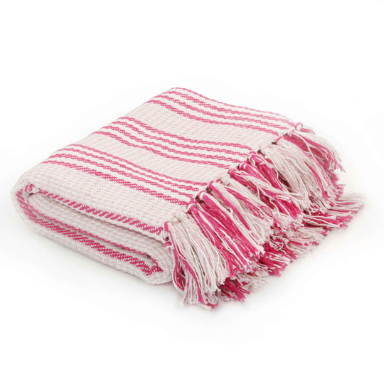 vidaXL plaid bomuld stribet 220 x 250 cm lyserød og hvid