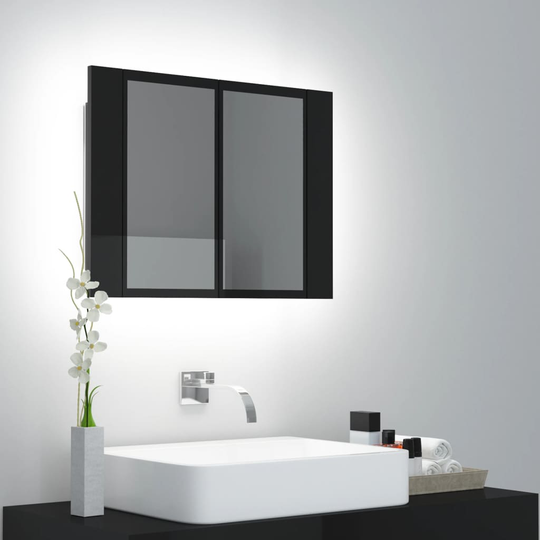 vidaXL badeværelsesskab m. spejl og LED-lys 60x12x45 cm sort højglans