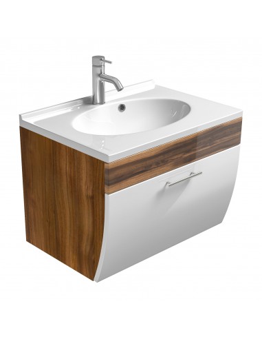 Komplet badmiljø i mdf og mineralsten H51 x B70 cm - Hvid højglans/Valnød