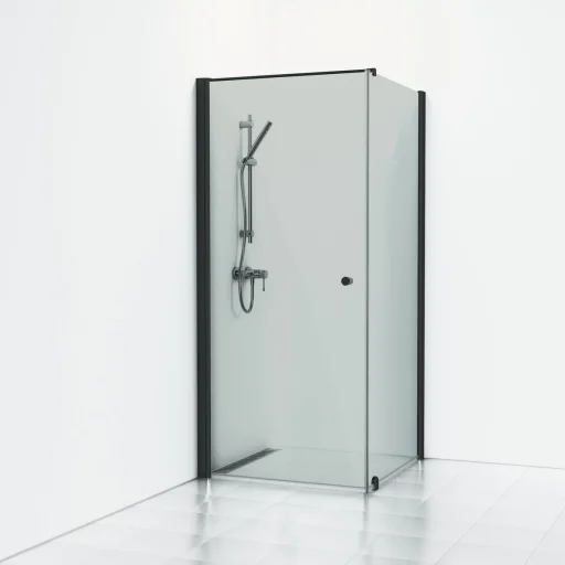 Svedbergs Skoga Brusehjørne 70 x 103 cm, dør og fast væg, røgfarvet glas/matsort