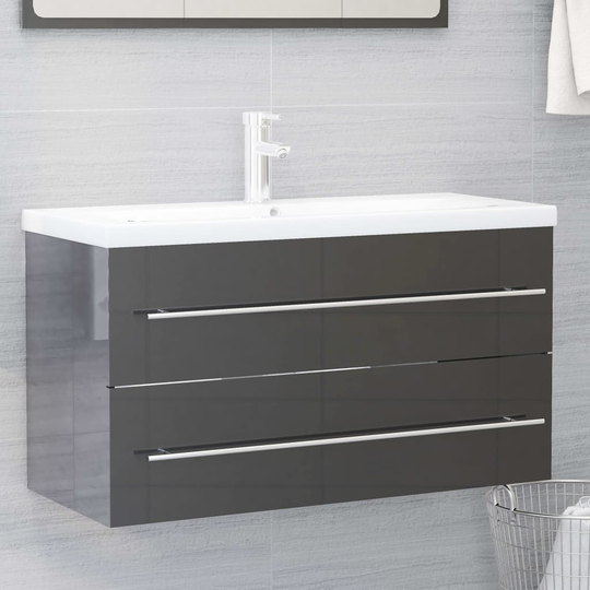 vidaXL vaskeskab 90x38,5x48 cm spånplade grå højglans