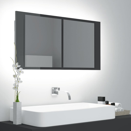 vidaXL badeværelsesskab m. spejl og LED-lys 90x12x45 cm grå højglans