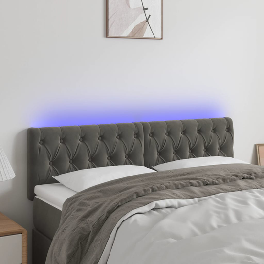 vidaXL sengegavl med LED-lys 144x7x78/88 cm velour mørkegrå