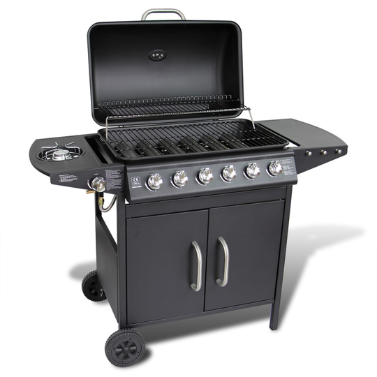 vidaXL gasgrill rustfrit stål 6 + 1 brændere sort