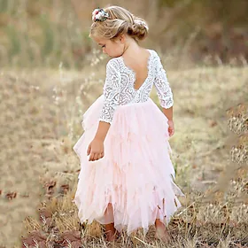 børns små pigers lyserøde fest prinsesse blomst blonder flosset tyl tilbage rygløse tutu øverste kanter tiered pige kjole