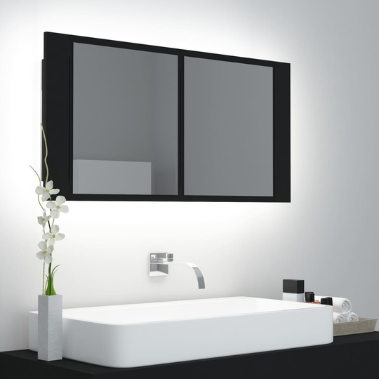 vidaXL badeværelsesskab m. spejl + LED-lys 90x12x45 cm sort