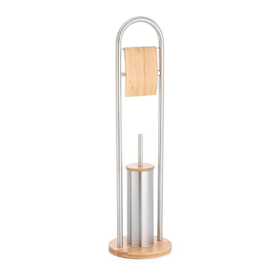 Toiletpapirholder med toiletbørsteholder DKD Home Decor Natur Sølvfarvet Rustfrit stål Bambus (22 x 22 x 80 cm)