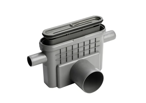 Unidrain 1433 Udløbshus Ø75 mm Vandret m/sideindløb & vandlås - Indbygningshøjde 147 mm