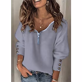 Dame bluse Bluse Lynlås Strikket Knap Helfarve Stilfuld Basale Afslappet Langærmet Sweater Cardigans V-hals Efterår Vinter Blå Grå Hvid