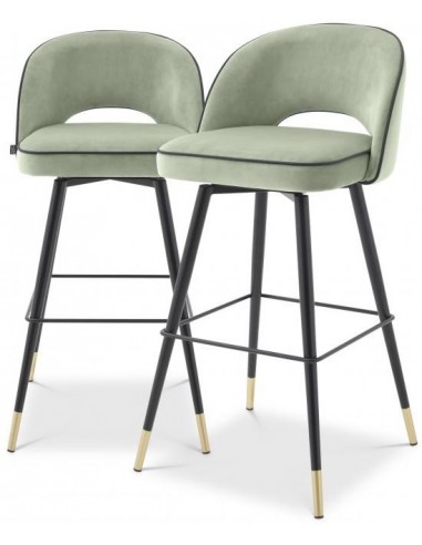 2 x Cliff barstole i velour og stål H103 cm - Sort/Pistaciegrøn