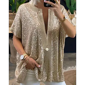 kvinders plus size kurvede toppe bluse skjorte almindelig pailletter halværmet v-hals festival daglig ferie polyester forår sommer guld