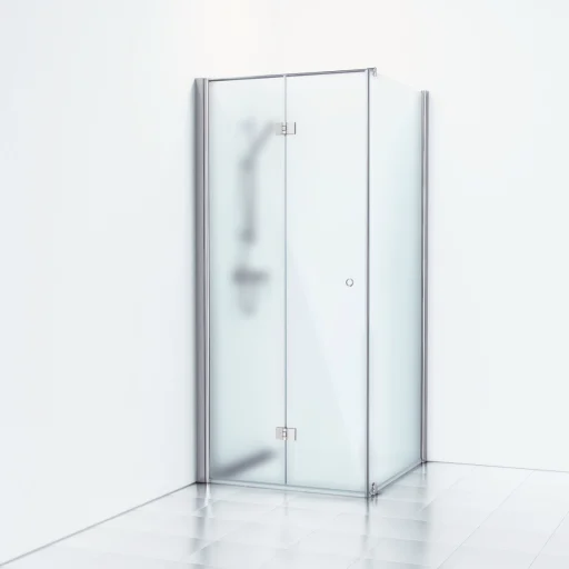 Svedbergs Skoga Brusehjørne 80 x 73 cm, foldedør og fast væg, frostet glas/blank alu