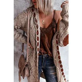 Dame Cardigan Strikket Farveblok Stilfuld Basale Afslappet Langærmet Løstsiddende Sweater Cardigans Hætte Efterår Vinter Blå Grå Kakifarvet / Ferie