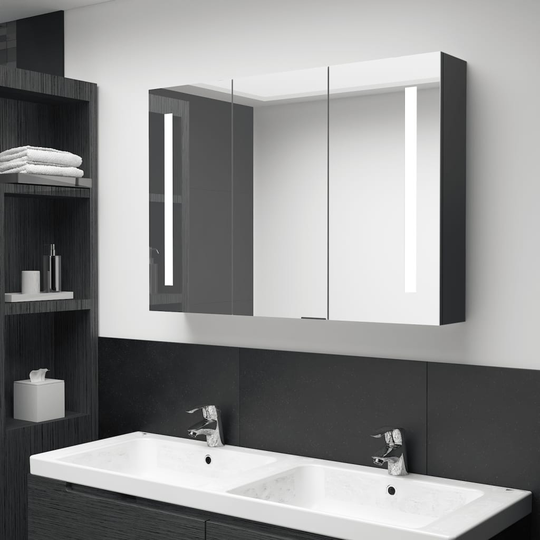 vidaXL badeværelsesskab m. spejl + LED-lys 89x14x62 cm skinnende sort