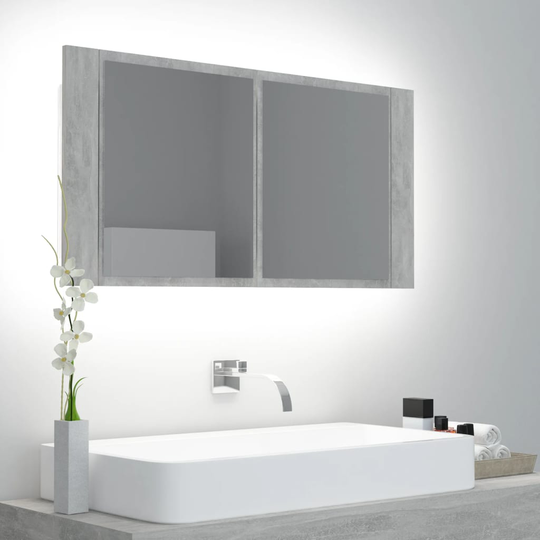 vidaXL badeværelsesskab m. spejl + LED-lys 90x12x45 cm betongrå
