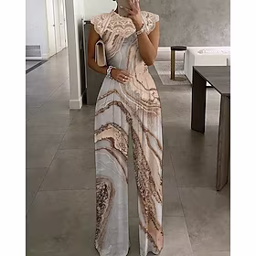dame jumpsuit med blondeprint print rund hals elegant hverdagsferie lige regular fit ærmeløs abrikos 3xl fjeder