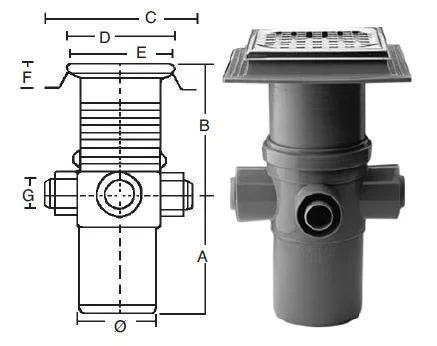 Purus komplet Afløbsskål t/Beton og klinkegulve - m/sideindløb 110 mm.