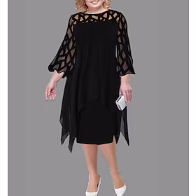 kvinders plus size kurvet festkjole ensfarvet rund hals mesh 3/4 længde ærmer forår sommer arbejde vintage knælang kjole date arbejdskjole