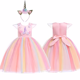 Prinsesse enhjørning Cosplay kostume Maskerade Blomsterpikekjole Pige Film Cosplay Mode Fest A-linje Seddel Lilla Gul Lys pink Kjole Hovedtøj Jul Karneval Bomu