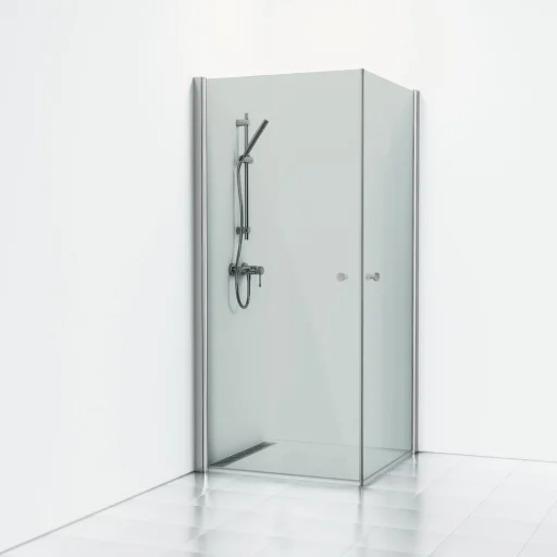 Svedbergs Skoga Brusehjørne 90 x 90 cm, røgfarvet glas/blank alu, m/knopgreb