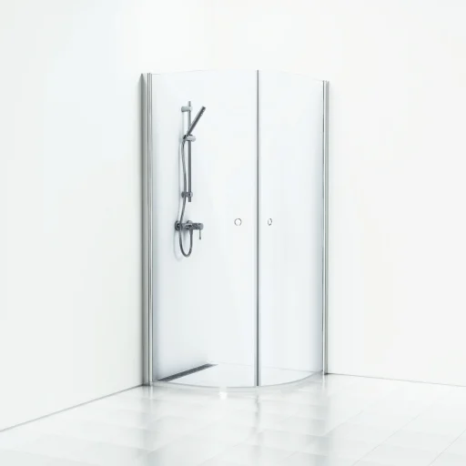 Svedbergs Skoga buet brusehjørne 90 x 90 cm, klart glas/blank alu, m/hulgreb