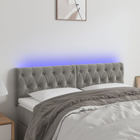 vidaXL sengegavl med LED-lys 144x7x78/88 cm velour lysegrå
