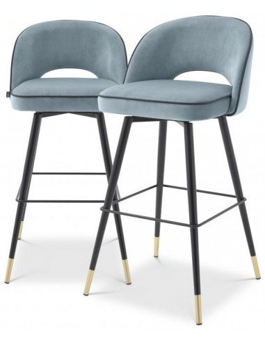 2 x Cliff barstole i velour og stål H103 cm - Sort/Blå