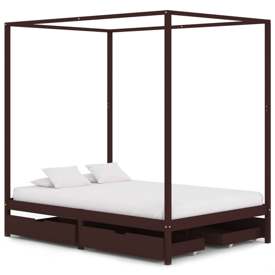 vidaXL sengestel himmelseng 4 skuffer 140x200 cm fyrretræ mørkebrun