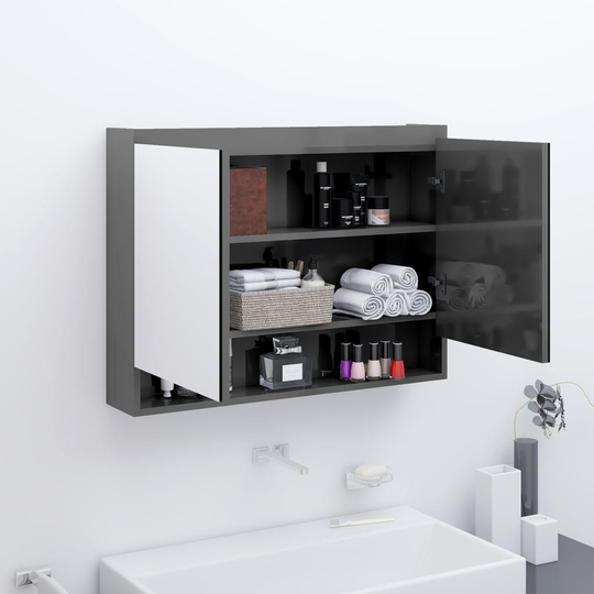 vidaXL badeværelsesskab med spejl 80x15x60 cm MDF skinnende grå