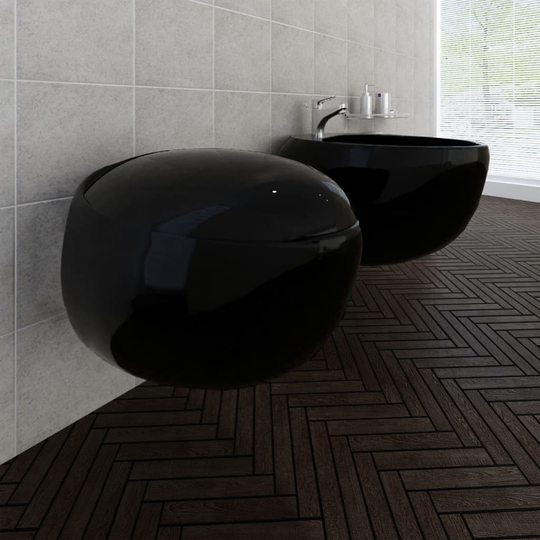 Væghængt toilet og bidet i sort