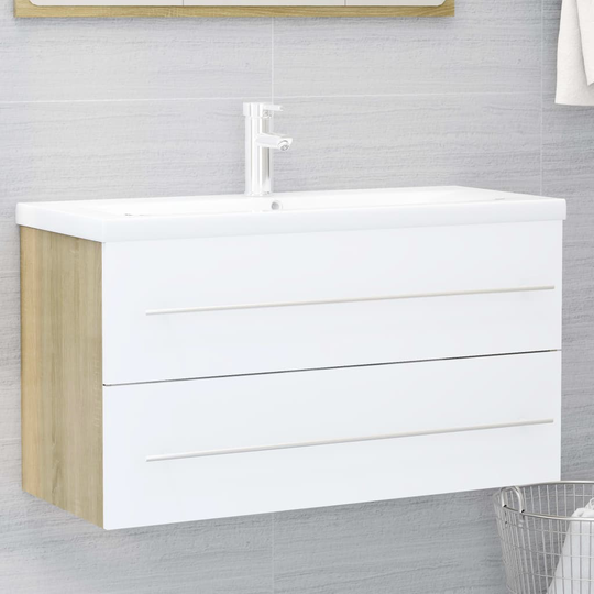 vidaXL vaskeskab 90x38,5x48 cm spånplade hvid og sonoma-eg
