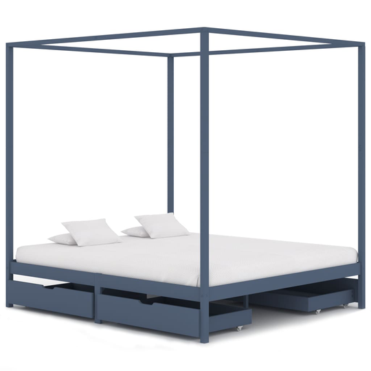 vidaXL sengestel til himmelseng med 4 skuffer 180x200 cm fyrretræ grå